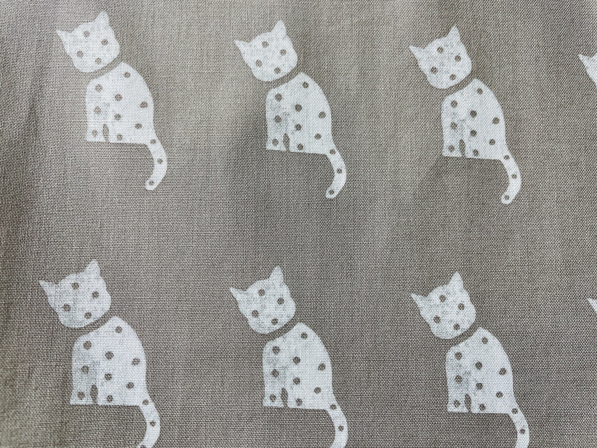 Two Medium Sized Ladies Cleo white cat gray background kitchen animal lovers apron farmhouse style fabric pattern