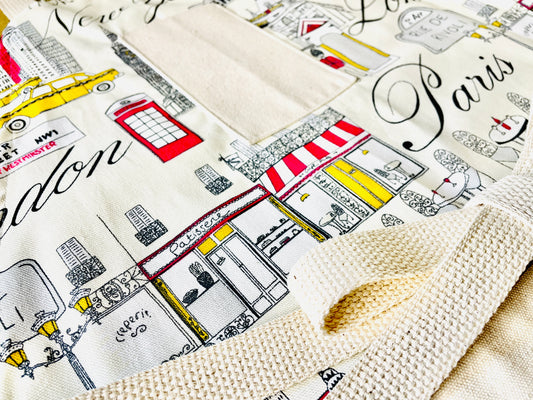 Two Medium Sized Ladies Evelyn Apron London New York City Paris skyscrapers cafe streets cityscape icon midcentury travel apron closeup view