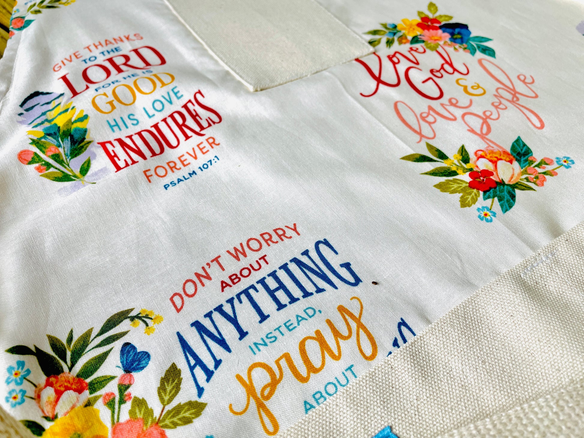 Two Medium Sized Ladies Faith in God Apron Prayer Thankful Thanks Scripture Restoration Soul Bible Cotton Kitchen Cooking Baking Crafting Crafter Apron Closeup View