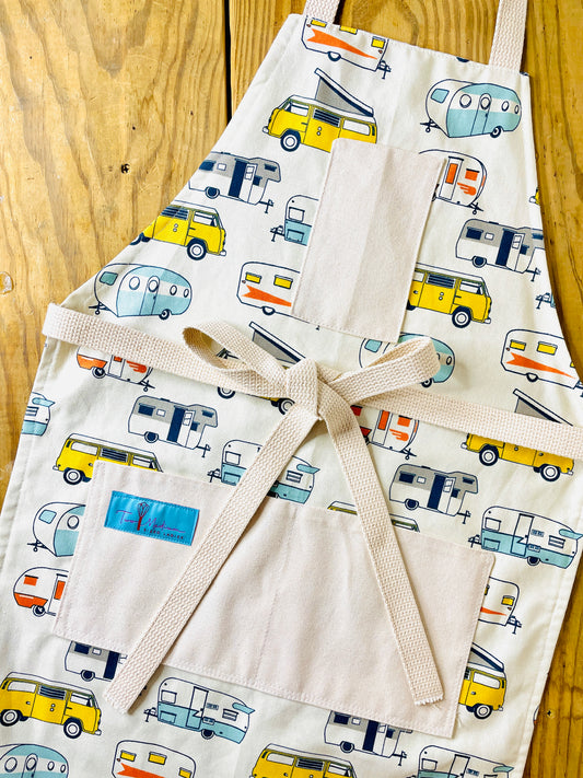 Two Medium Sized Ladies RV trailer travel retro vacation highway national parks Route 66 kitchen apron Felicity