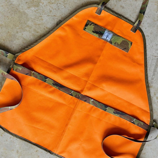 Two Medium Sized Ladies The McFly Back to the Future mens apron Ottertex orange waterproof canvas with Multicam 1" nylon strings Multicam hook and loop