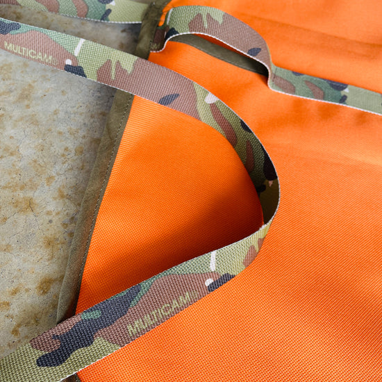 Two Medium Sized Ladies The McFly Back to the Future mens apron Ottertex orange waterproof canvas with Multicam 1" nylon strings Multicam hook and loop towel tool loop