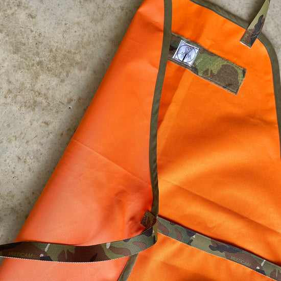 Two Medium Sized Ladies The McFly Back to the Future mens apron Ottertex orange waterproof canvas with Multicam 1" nylon strings Multicam hook and loop PVC backing