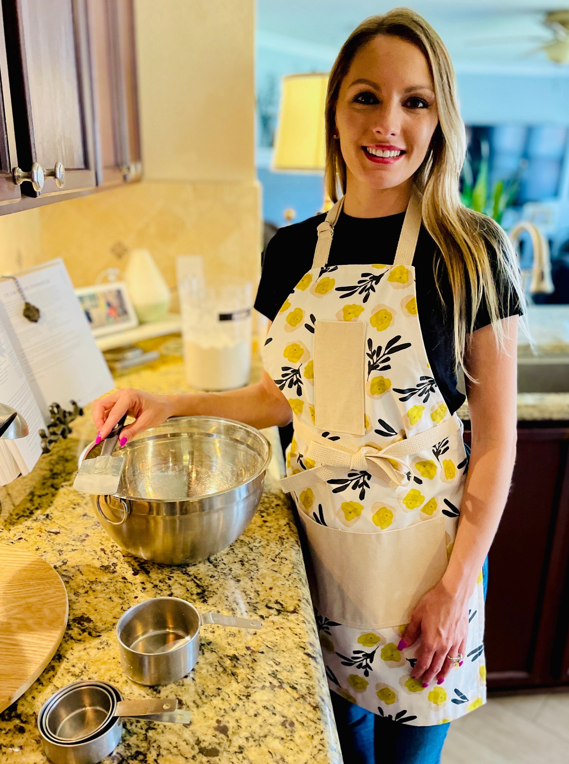 Two Medium Sized Ladies Rebecca vintage mod apron yellow flowers lack foliage midcentury retro designer vibe baking cooking gardening crafts apron