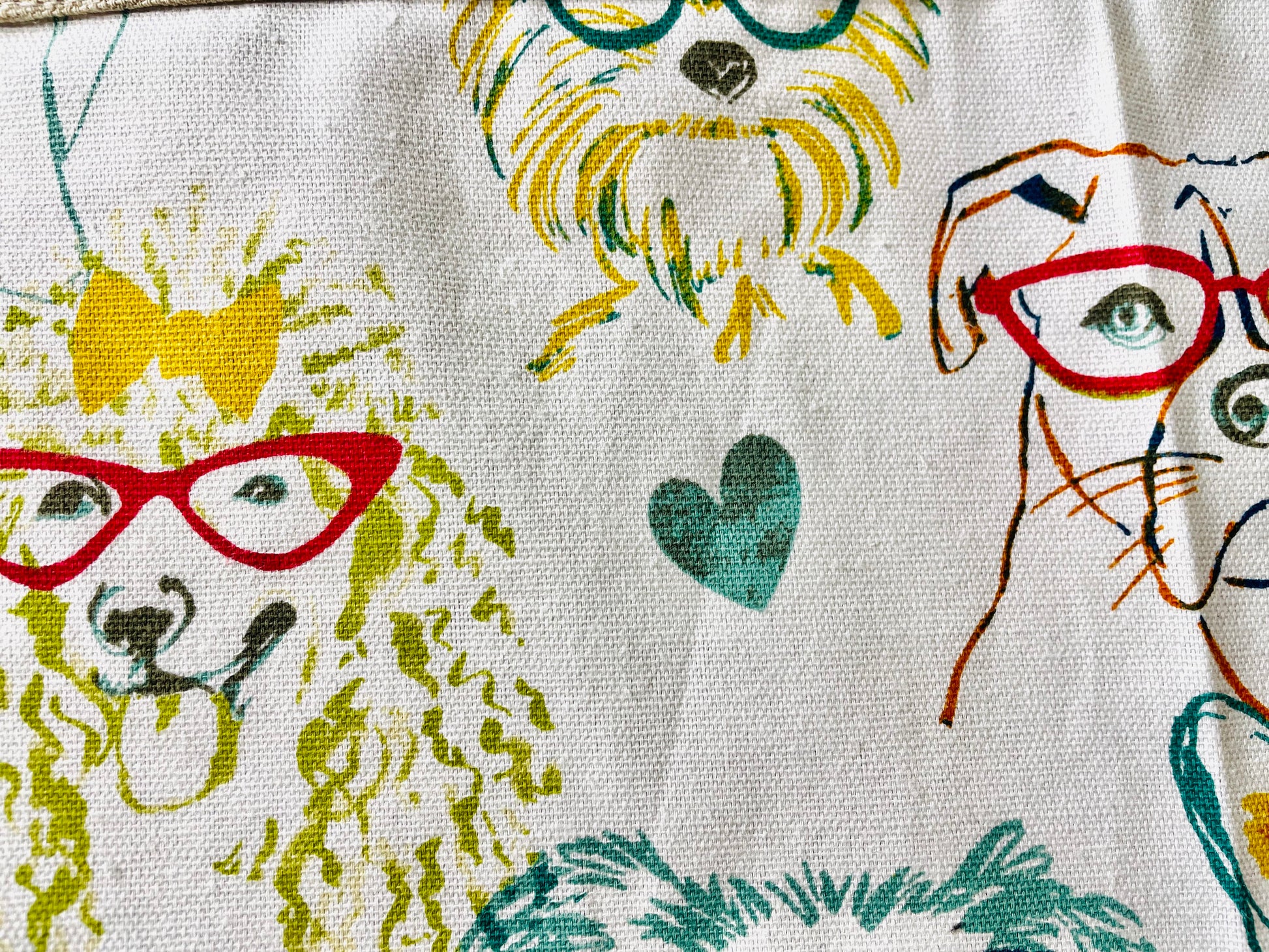 Two Medium Sized Ladies Iris Apron Dogs wearing glasses fashion fun colorful apron fabric pattern poodle schnauzer boxer