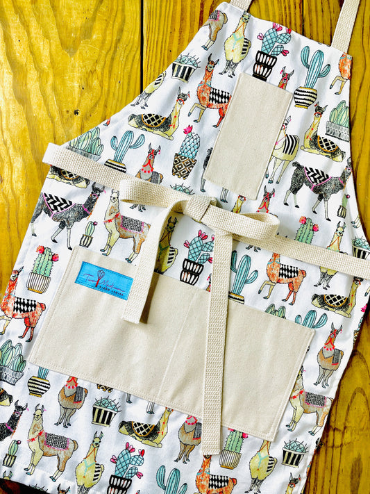 Two Medium Sized Ladies colorful llama south american animal modern farmstead kitchen apron Isabella