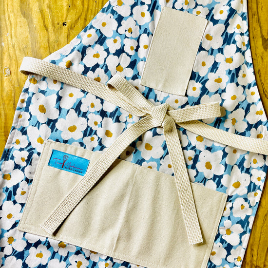 Amanda Bright Designs Bold blue and white flower Apron with Golden Centers summer fall kitchen