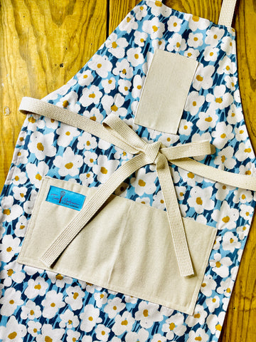 Amanda Bright Designs Bold blue and white flower Apron with Golden Centers summer fall kitchen