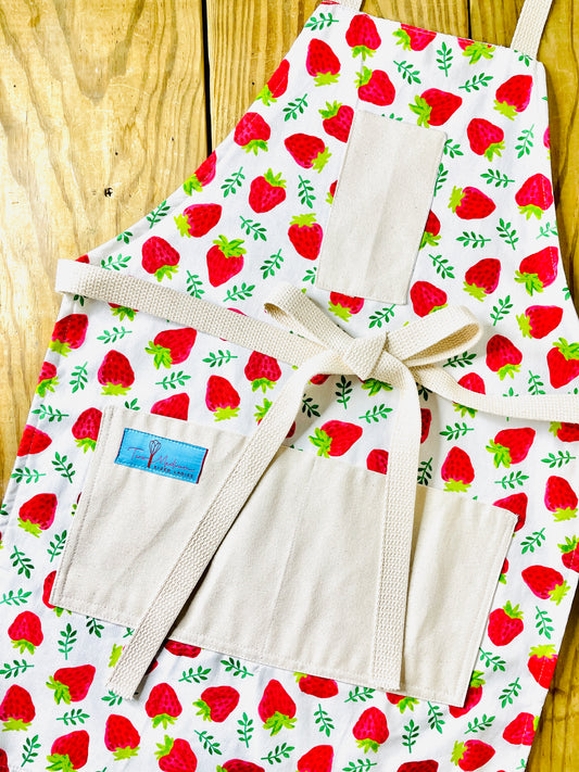 Two Medium Sized Ladies Maggie Apron ripe red strawberries vintage 1950s retro fruit kitchen cooking baking gardening apron