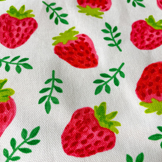 Two Medium Sized Ladies Maggie Apron ripe red strawberries vintage 1950s retro fruit kitchen cooking baking gardening apron cotton canvas pattern