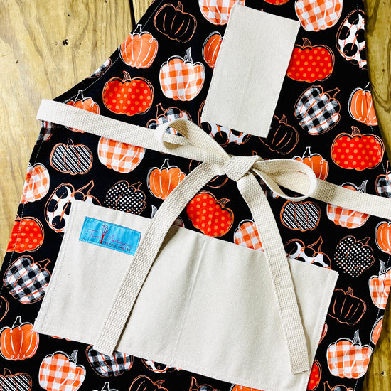 Amanda Bright Designs pumpkin spice everything black and orange halloween farmhouse style apron