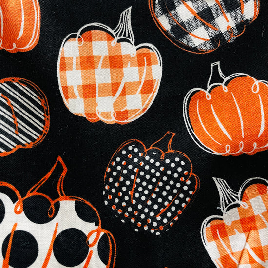 Amanda Bright Designs pumpkin spice everything black and orange halloween farmhouse style apron fabric pattern