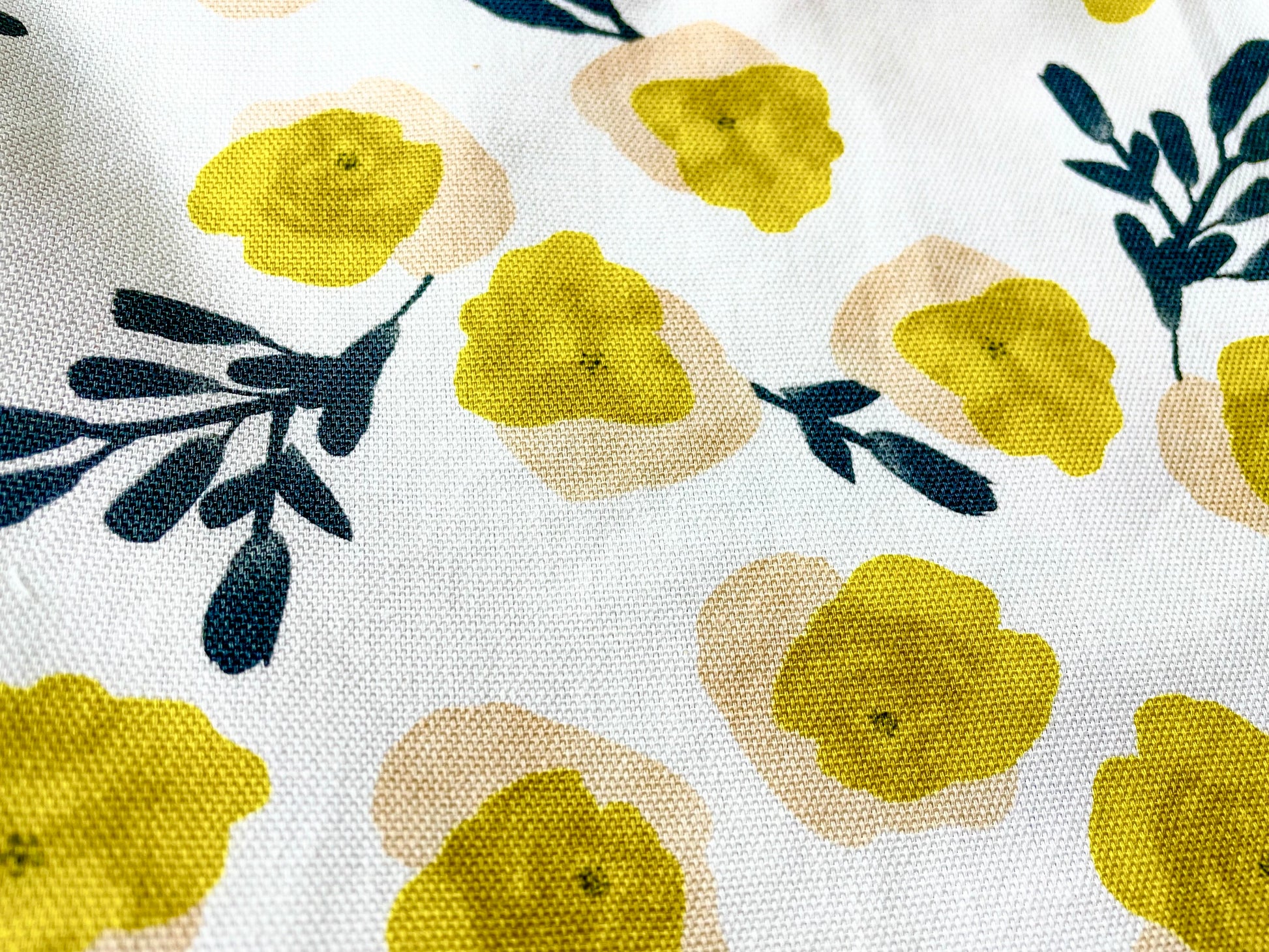 Two Medium Sized Ladies Rebecca vintage mod apron yellow flowers lack foliage midcentury retro designer vibe baking cooking gardening crafts apron fabric pattern