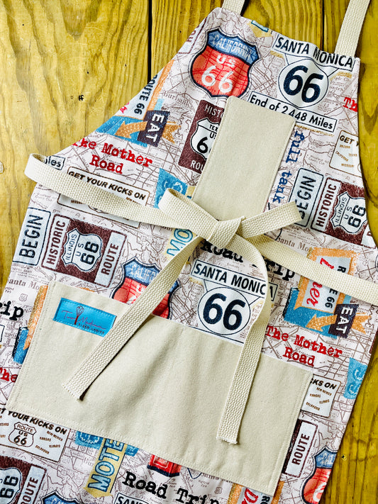 Two Medium Sized Ladies Rhonda Road Trip Route 66 Apron Collection American car travel highway signs map diner Santa Monica California History Kitchen Apron