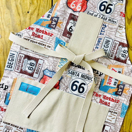 Amanda Bright Designs Rhonda Road Trip Route 66 Apron Collection American car travel highway signs map diner Santa Monica California History Kitchen Apron