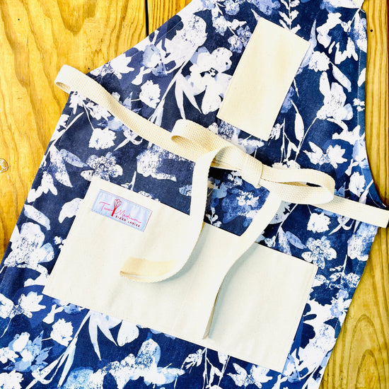 Two Medium Sized Ladies Tiffany Apron periwinkle purple blue field of flowers in relief blue jean look